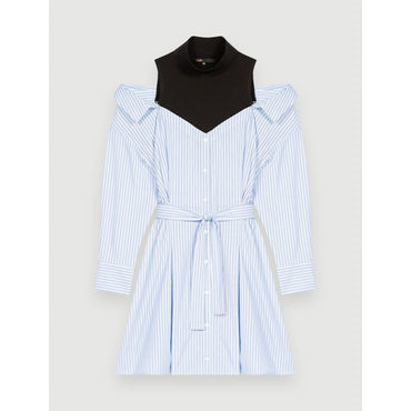 Women Striped Trompe L'Oeil Shirt Dress - Light Blue