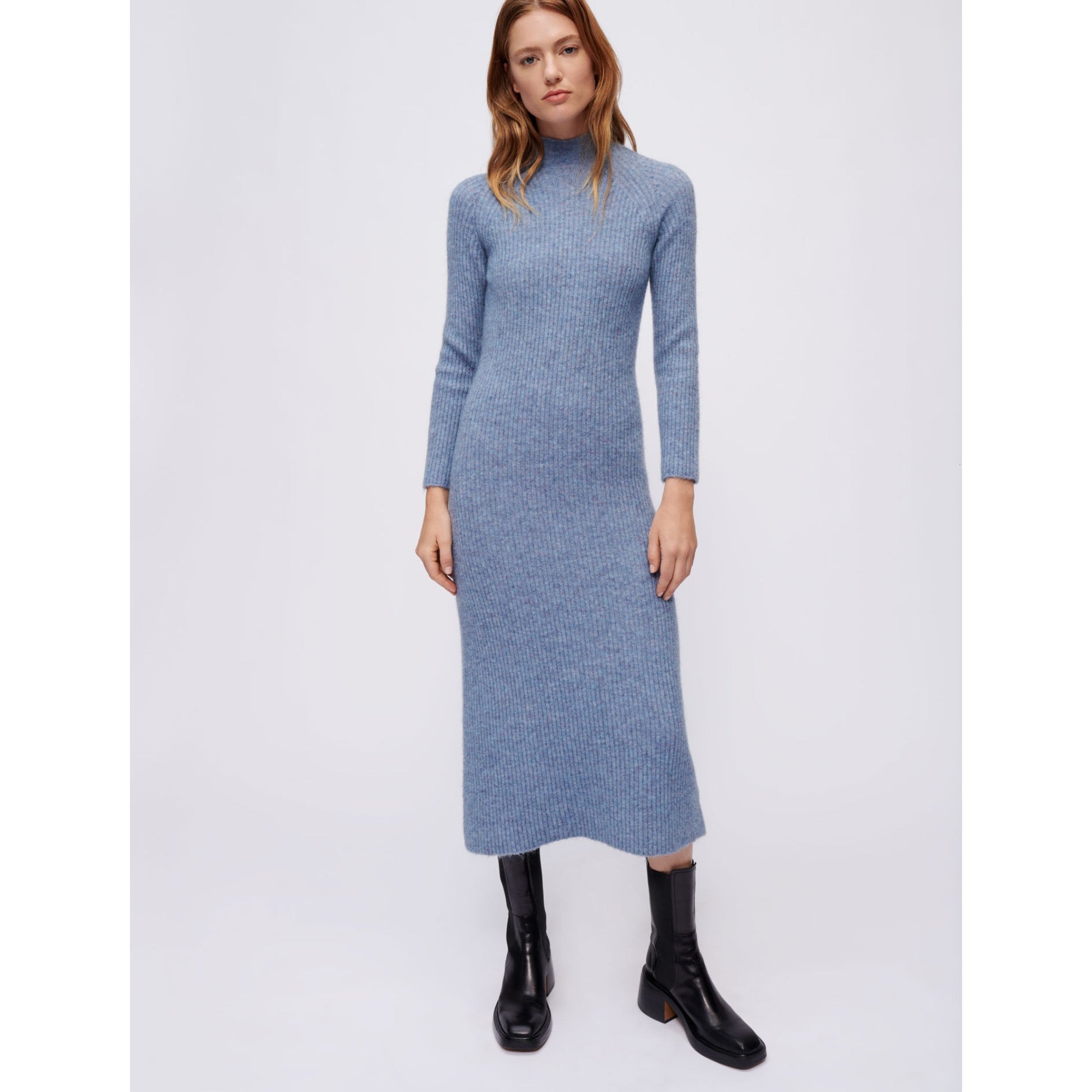 Women High Collar Mohair Dress - Blue