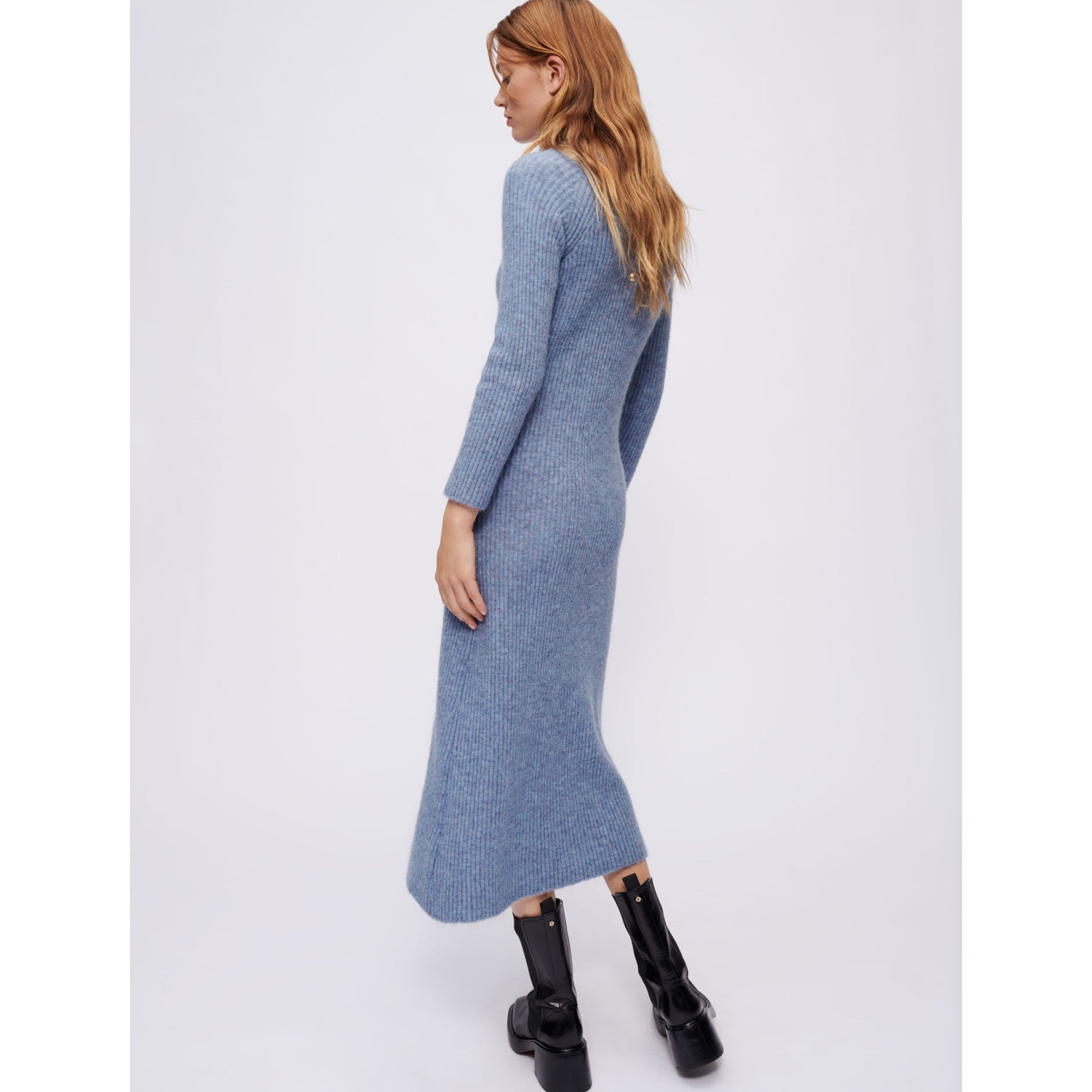 Women High Collar Mohair Dress - Blue