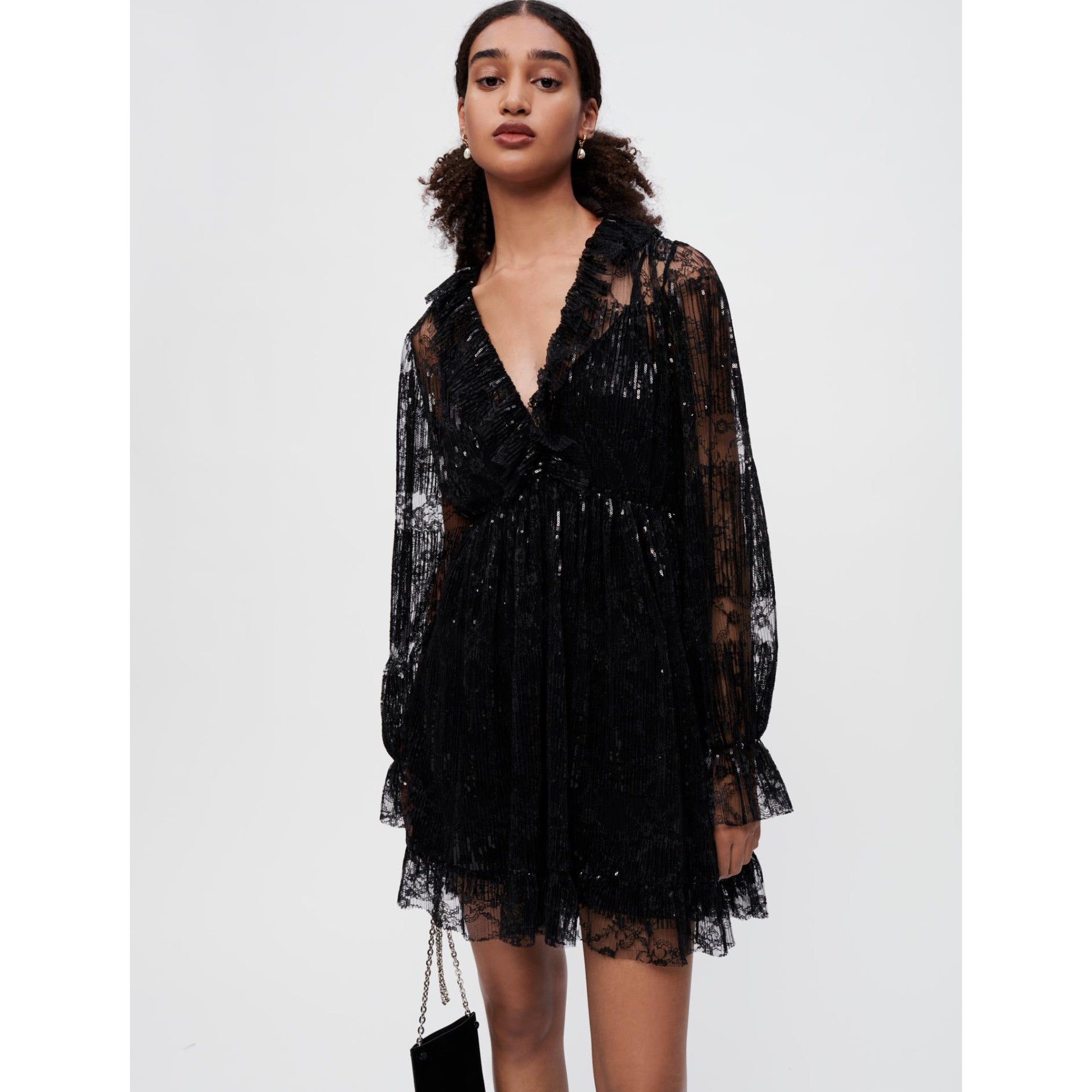 Women Black Pleated Lace Dress - Black