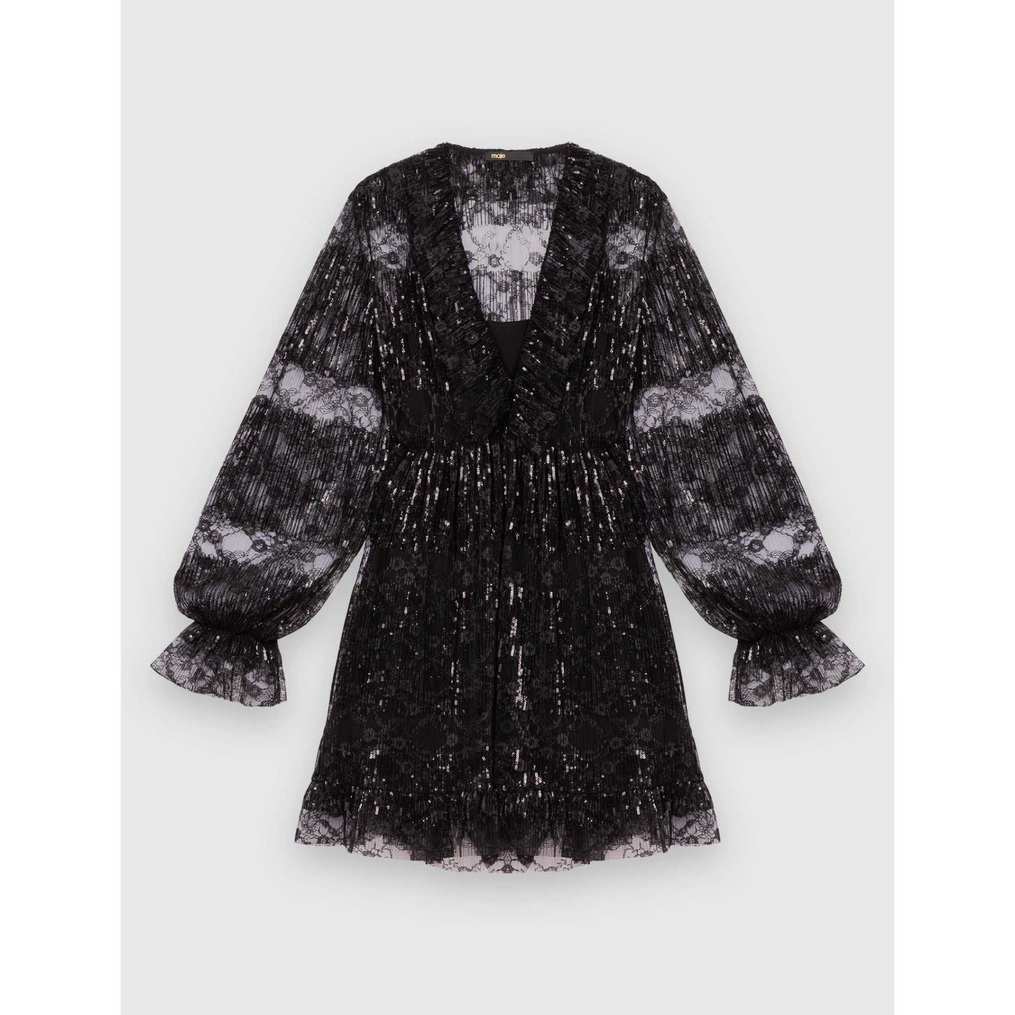 Women Black Pleated Lace Dress - Black