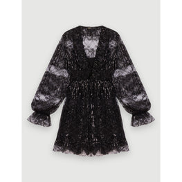 Women Black Pleated Lace Dress - Black