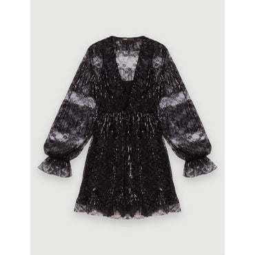 Women Black Pleated Lace Dress - Black