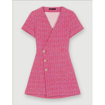 Women Open-Back Tweed Short Dress - Fuchsia
