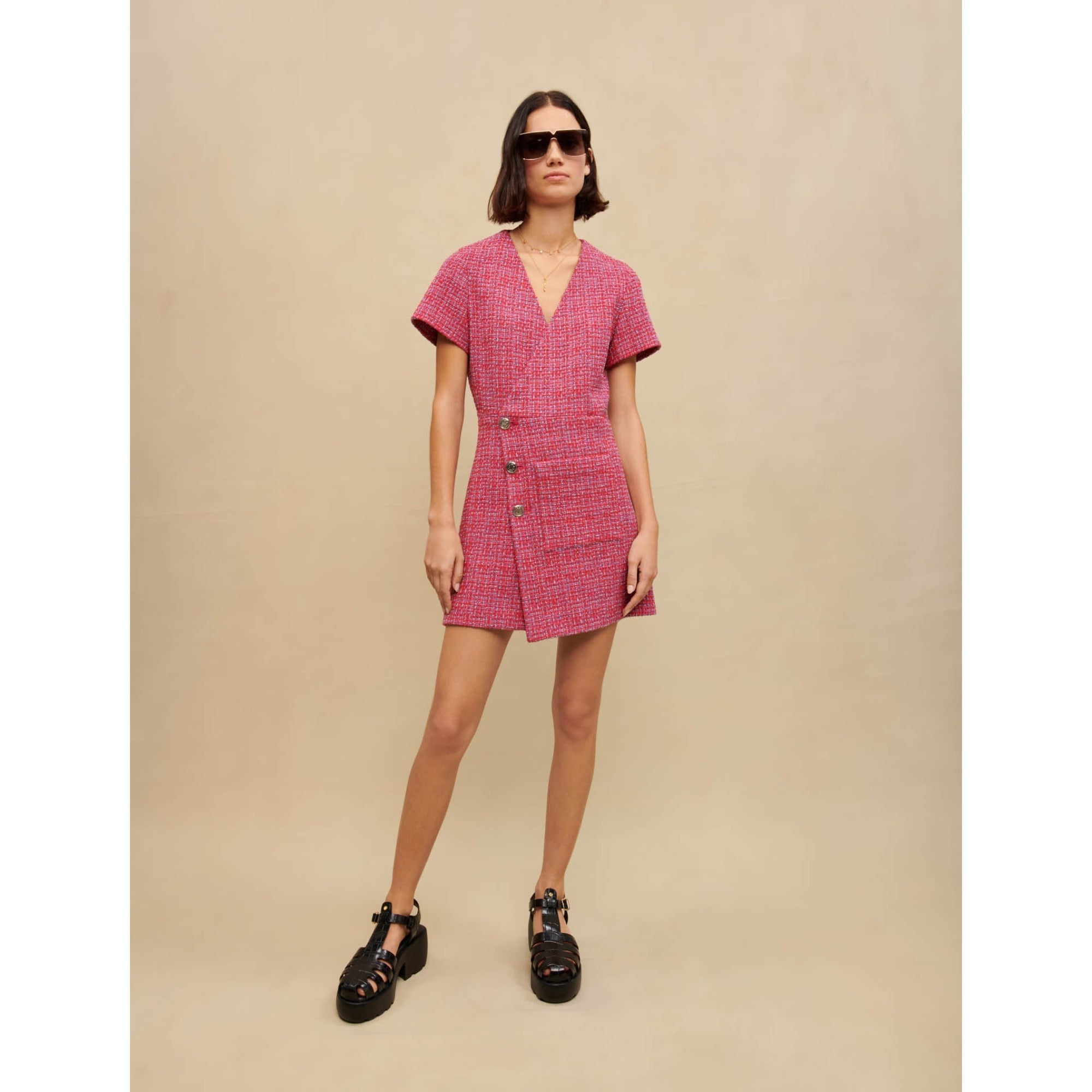 Women Open-Back Tweed Short Dress - Fuchsia
