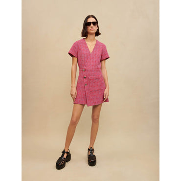 Women Open-Back Tweed Short Dress - Fuchsia