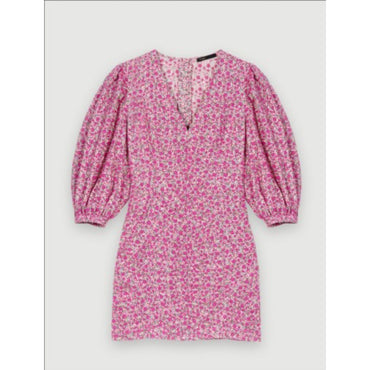 Women Floral Print Short Dress - Fuchsia Embroderied Flowers
