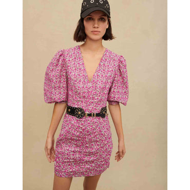 Women Floral Print Short Dress - Fuchsia Embroderied Flowers