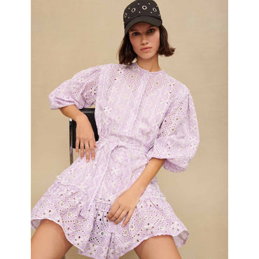 Women Embroidered Cotton Mini Dress - Parma Violet