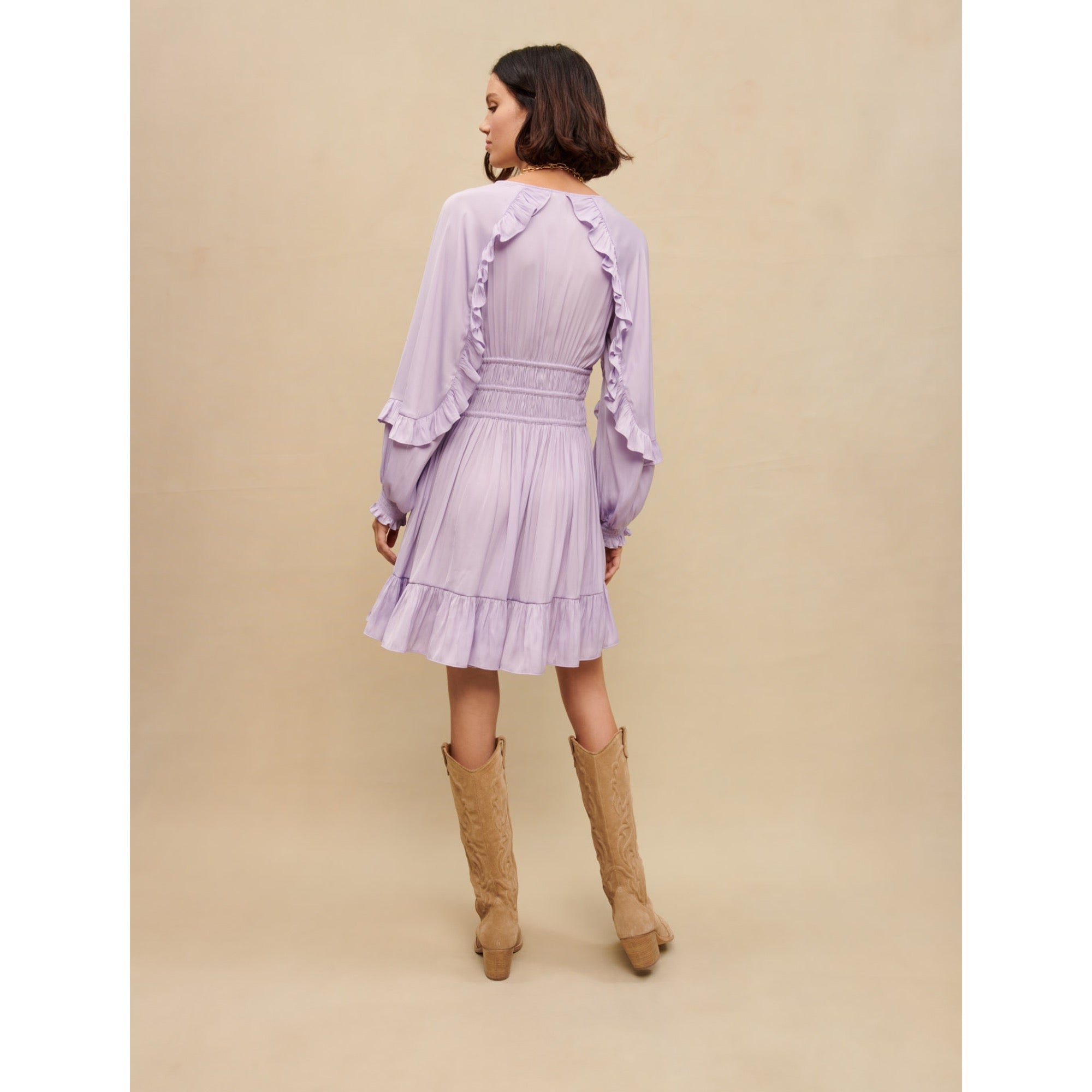 Women Short Satiny Dress With Ruffles - Parma Violet