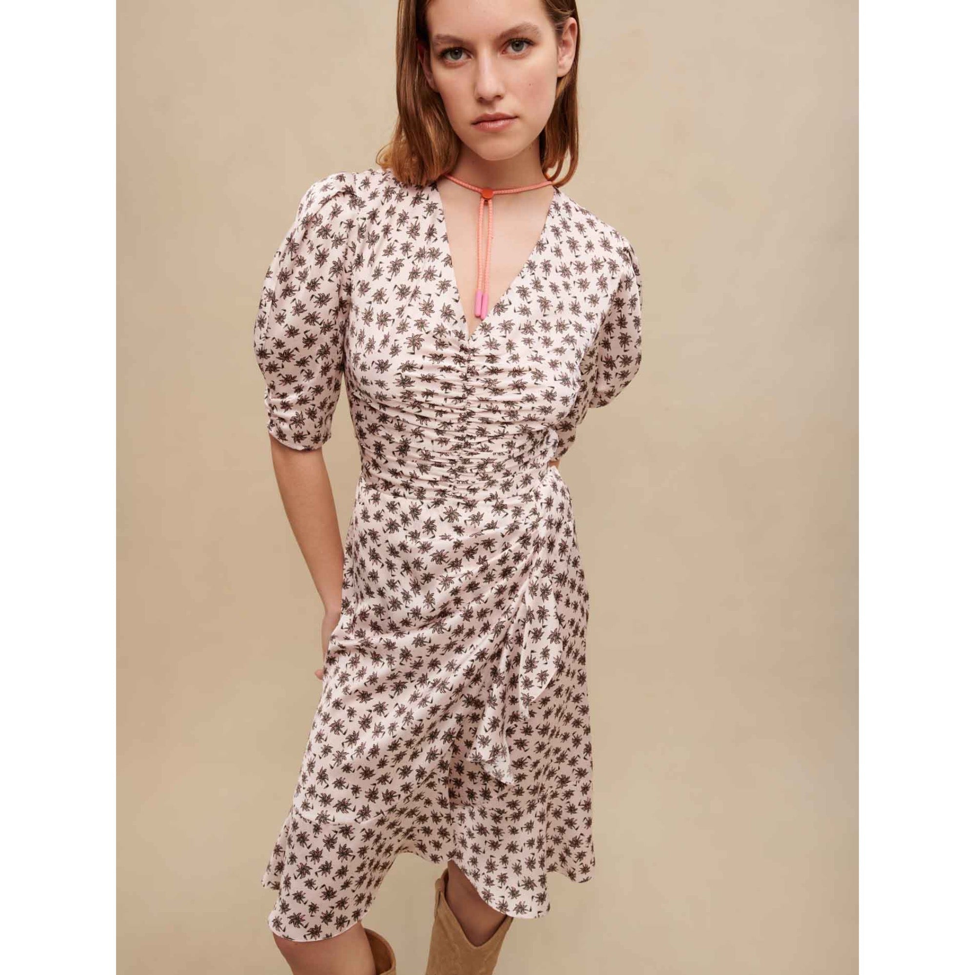 Women Palm Print Dress - Pink Mini Palm Tree