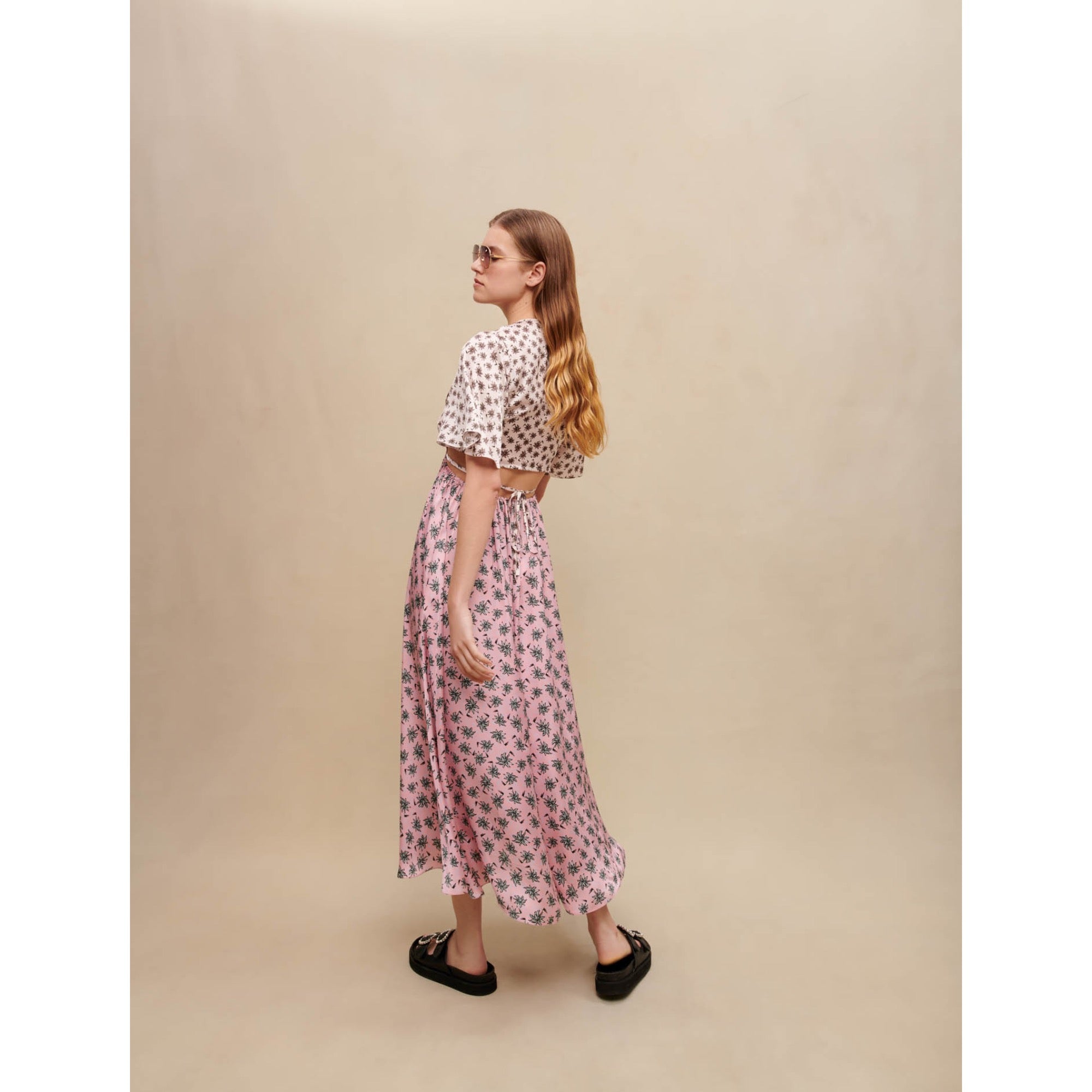 Women Palm Print Maxi Dress - Mix Palm Pink