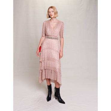 Women Long Ruffled LamÃ© Dress - Powdery Pink