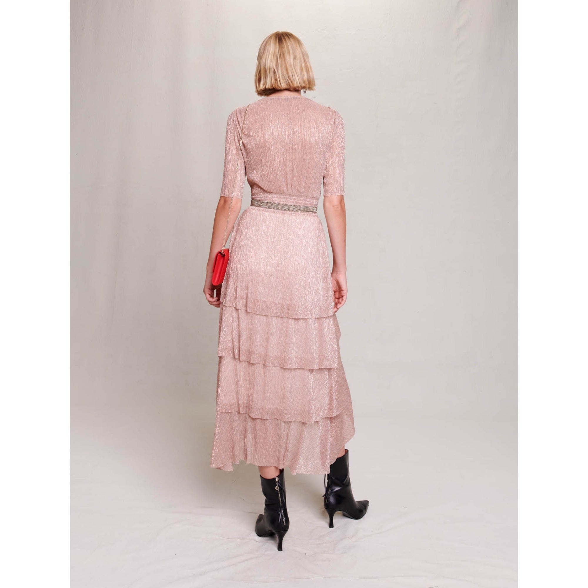 Women Long Ruffled LamÃ© Dress - Powdery Pink