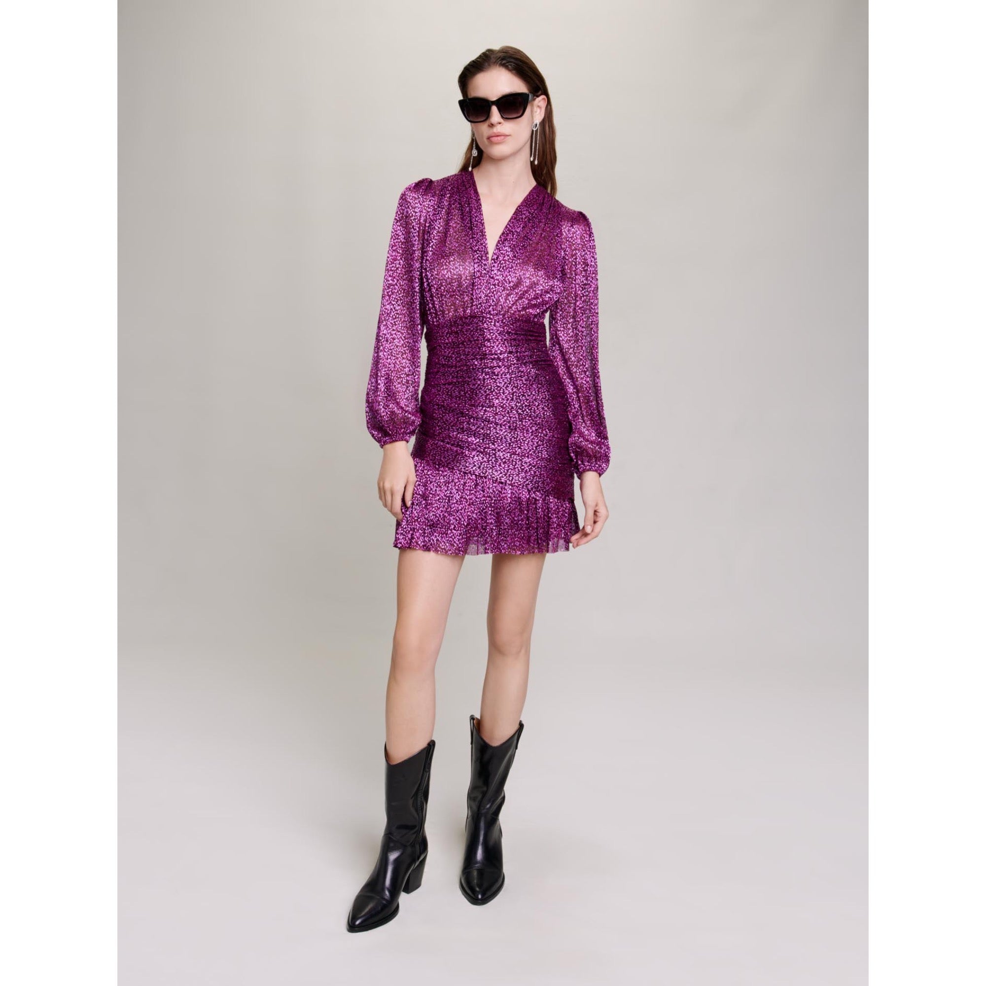 Women Metallic Fibre Pleated Dress - Fuchsia