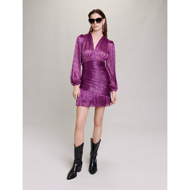 Women Metallic Fibre Pleated Dress - Fuchsia