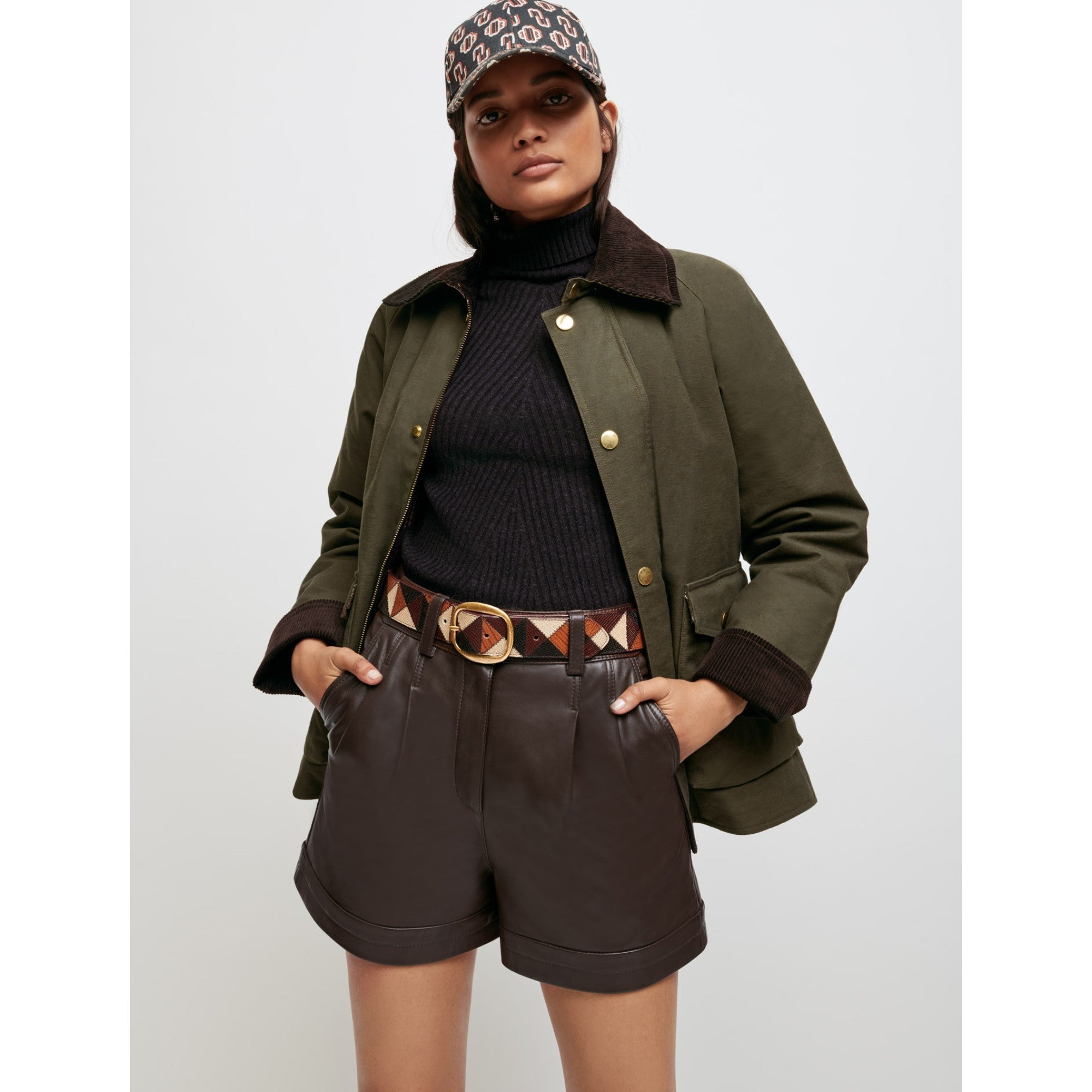 Women Lambskin Leather Shorts  - Brown