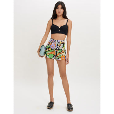 Women 70'S Floral Print Shorts - Black Flower Power