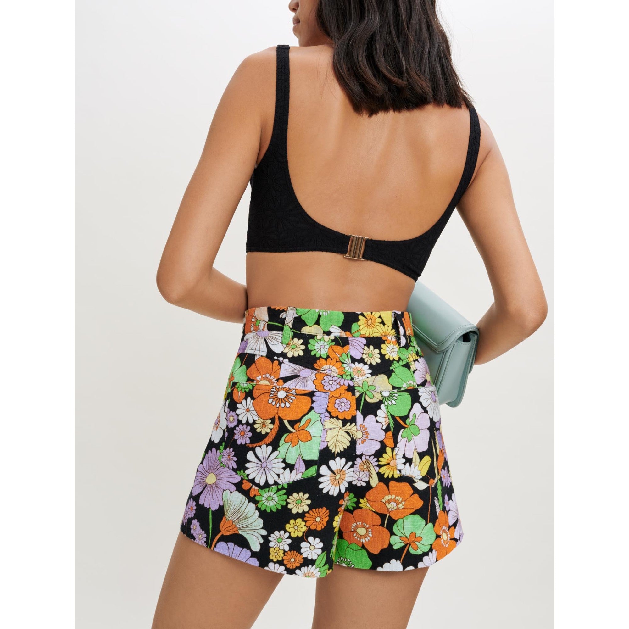 Women 70'S Floral Print Shorts - Black Flower Power