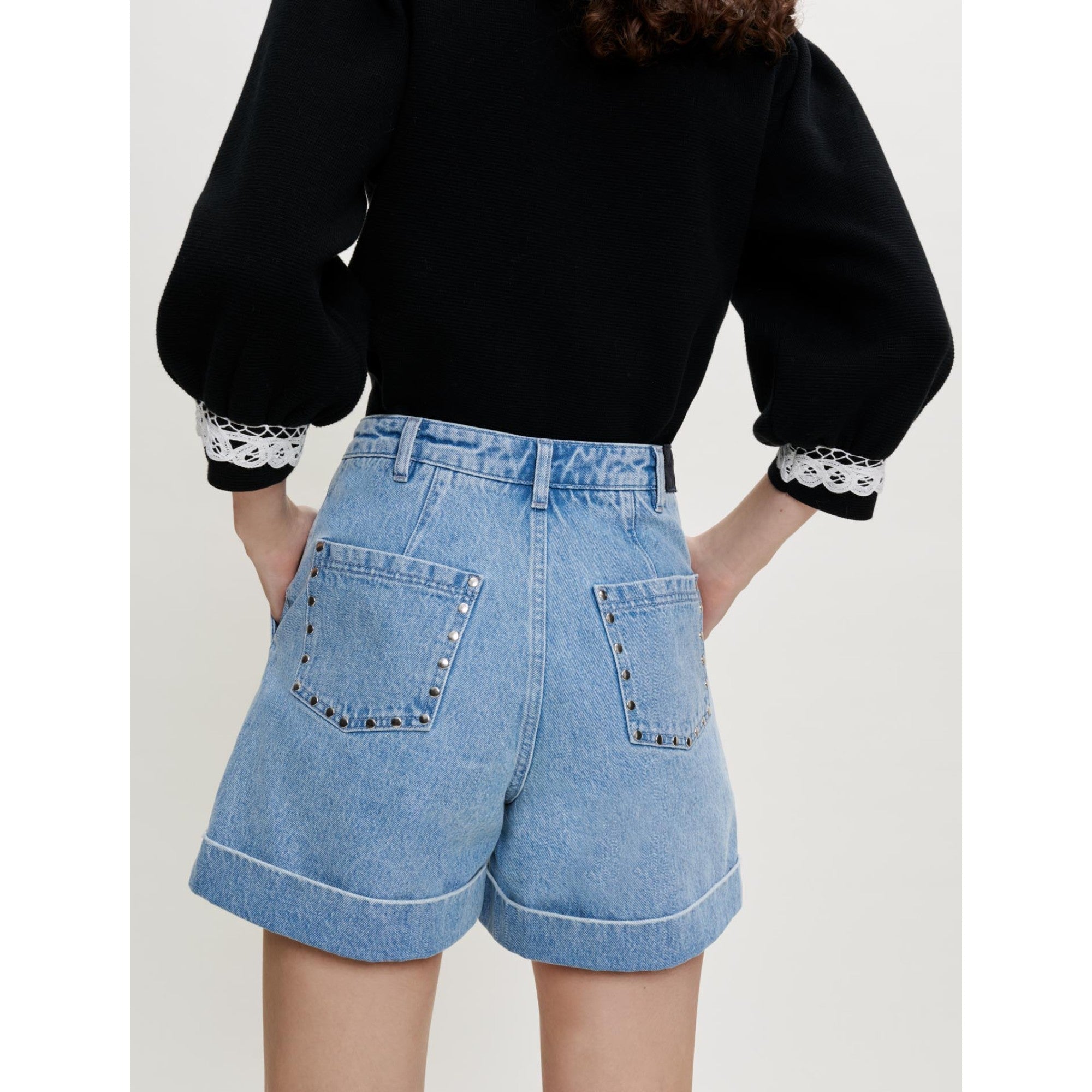 Women Denim Shorts With Studs - Blue