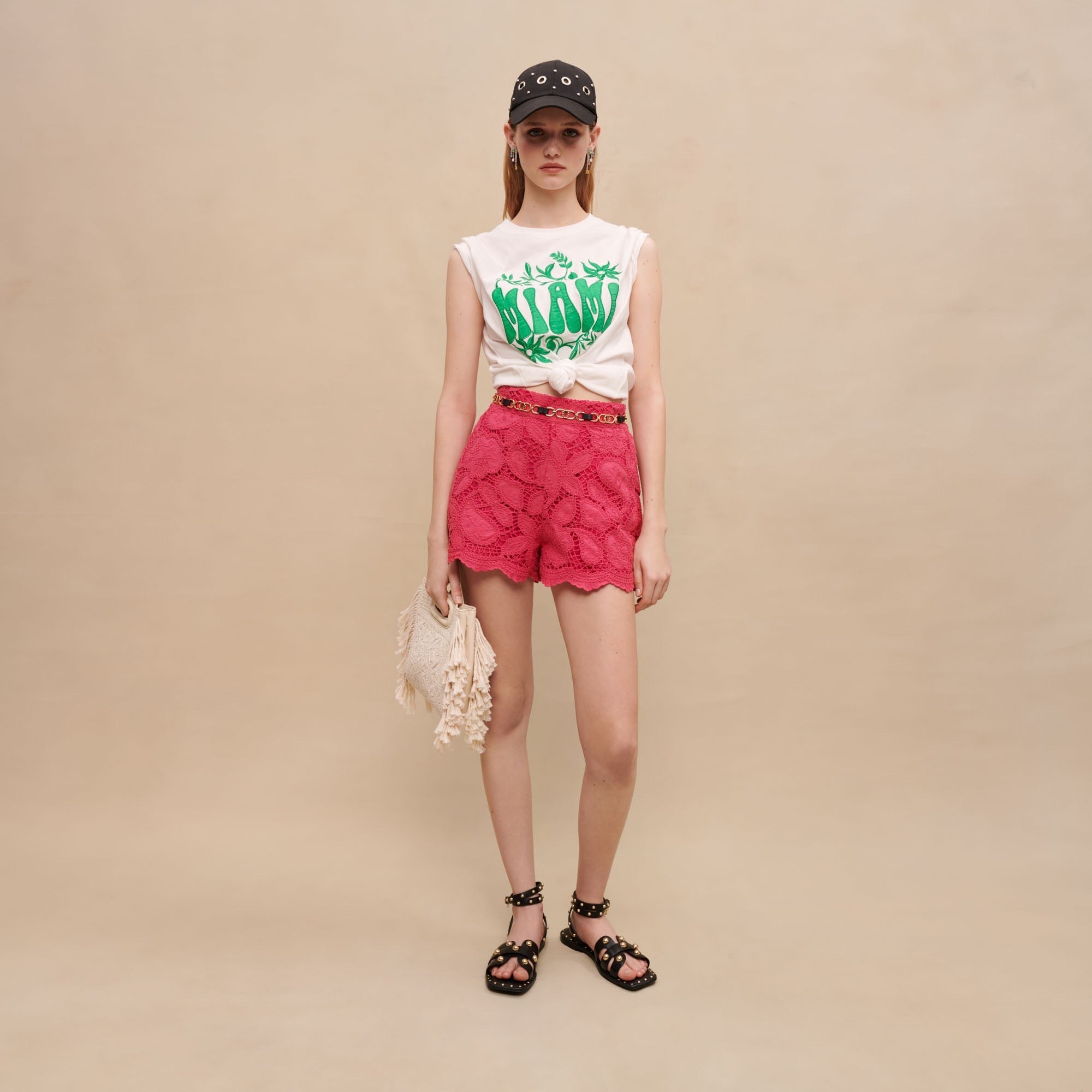 Women Openwork Embroidered Shorts - Fuchsia