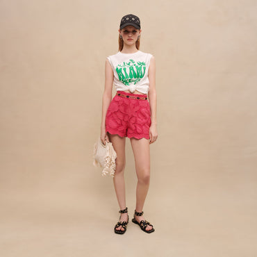 Women Openwork Embroidered Shorts - Fuchsia