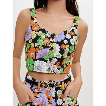 Women 70'S Floral Printed Crop Top - Black Flower Power