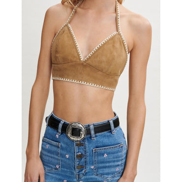 Women Suede Crop Top With Crochet Trim - Camel