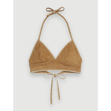 Women Suede Crop Top With Crochet Trim - Camel