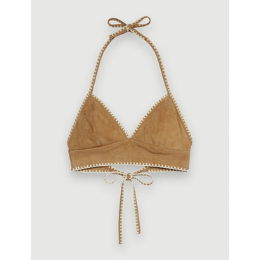 Women Suede Crop Top With Crochet Trim - Camel