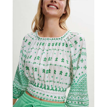 Women Fully Embroidered Cotton Top - Ecru / Green