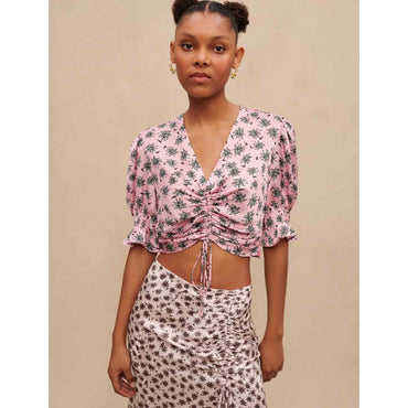 Women Palm-Tree Print Crop Top - Pink Palm Tree
