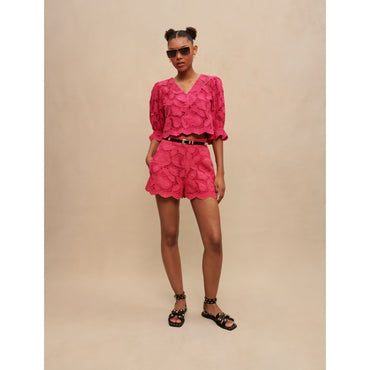 Women Openwork Short Shirt - Fuchsia