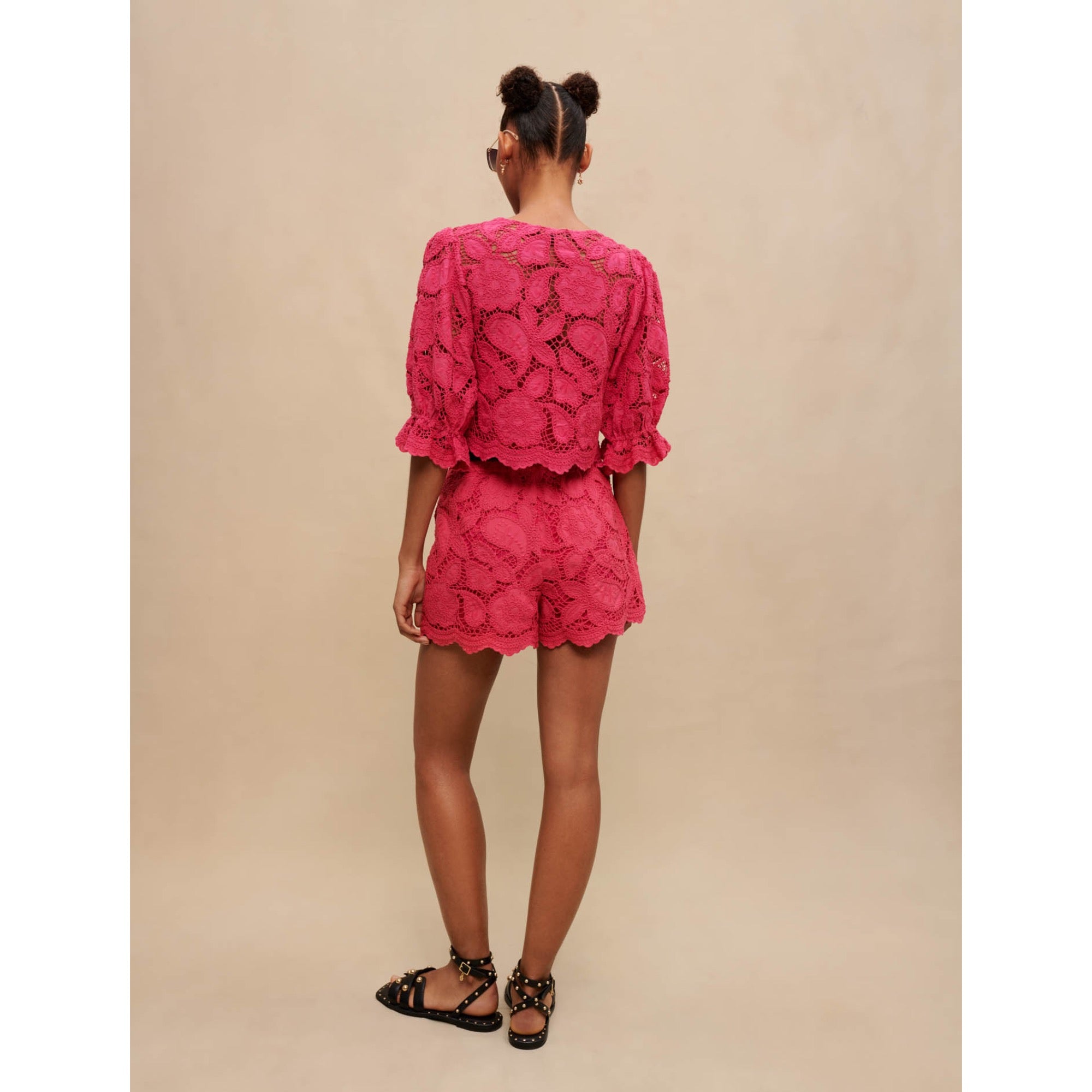 Women Openwork Short Shirt - Fuchsia