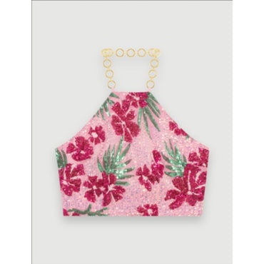 Women Hibiscus Sequin Crop Top - Print Pink Hibiscus