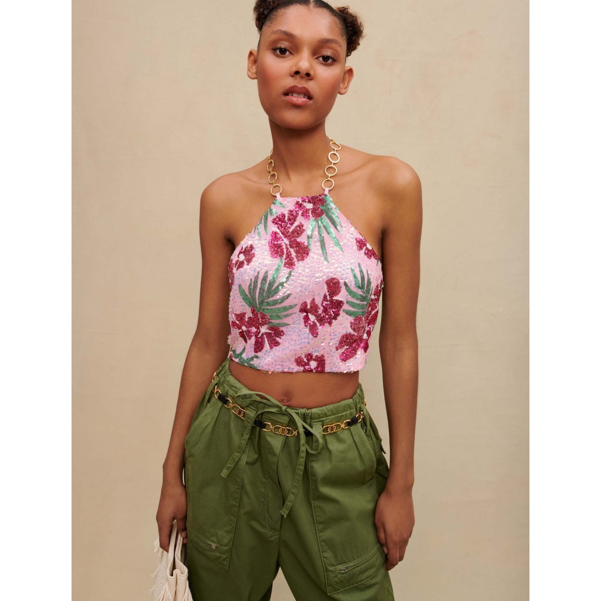 Women Hibiscus Sequin Crop Top - Print Pink Hibiscus