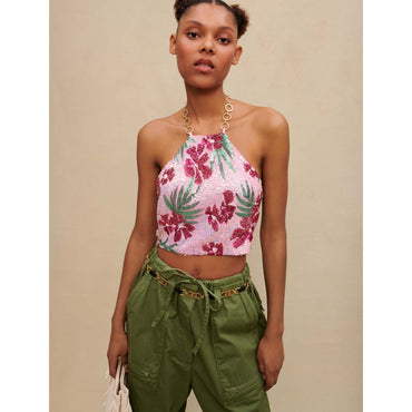 Women Hibiscus Sequin Crop Top - Print Pink Hibiscus