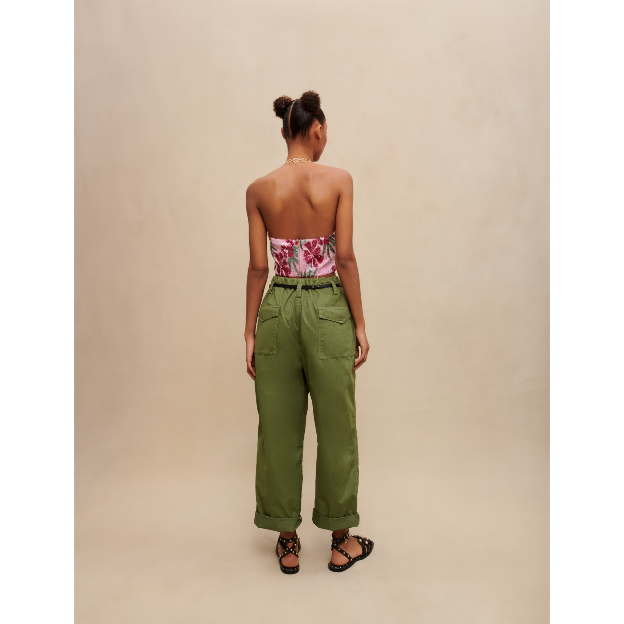Women Hibiscus Sequin Crop Top - Print Pink Hibiscus