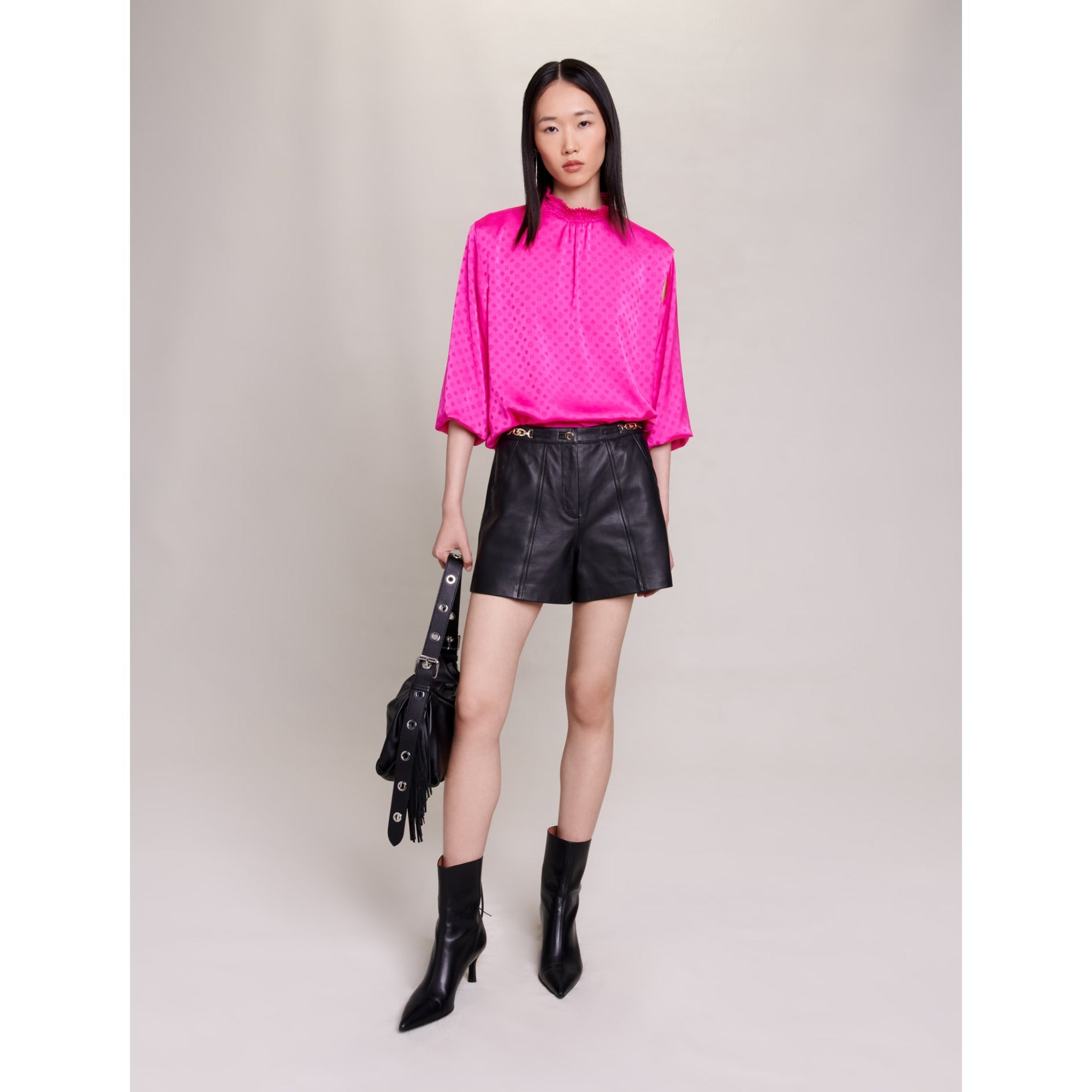 Women Satin Jacquard Blouse - Fuchsia
