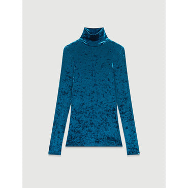 Women Lightweight Crushed Velvet Polo-Neck - Blue