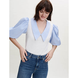 Women Mixed-Material Collar Tee-Shirt - Blue