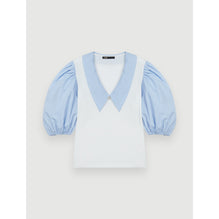 Women Mixed-Material Collar Tee-Shirt - Blue