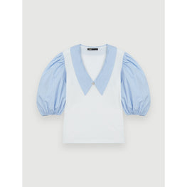 Women Mixed-Material Collar Tee-Shirt - Blue