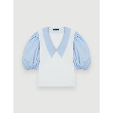 Women Mixed-Material Collar Tee-Shirt - Blue