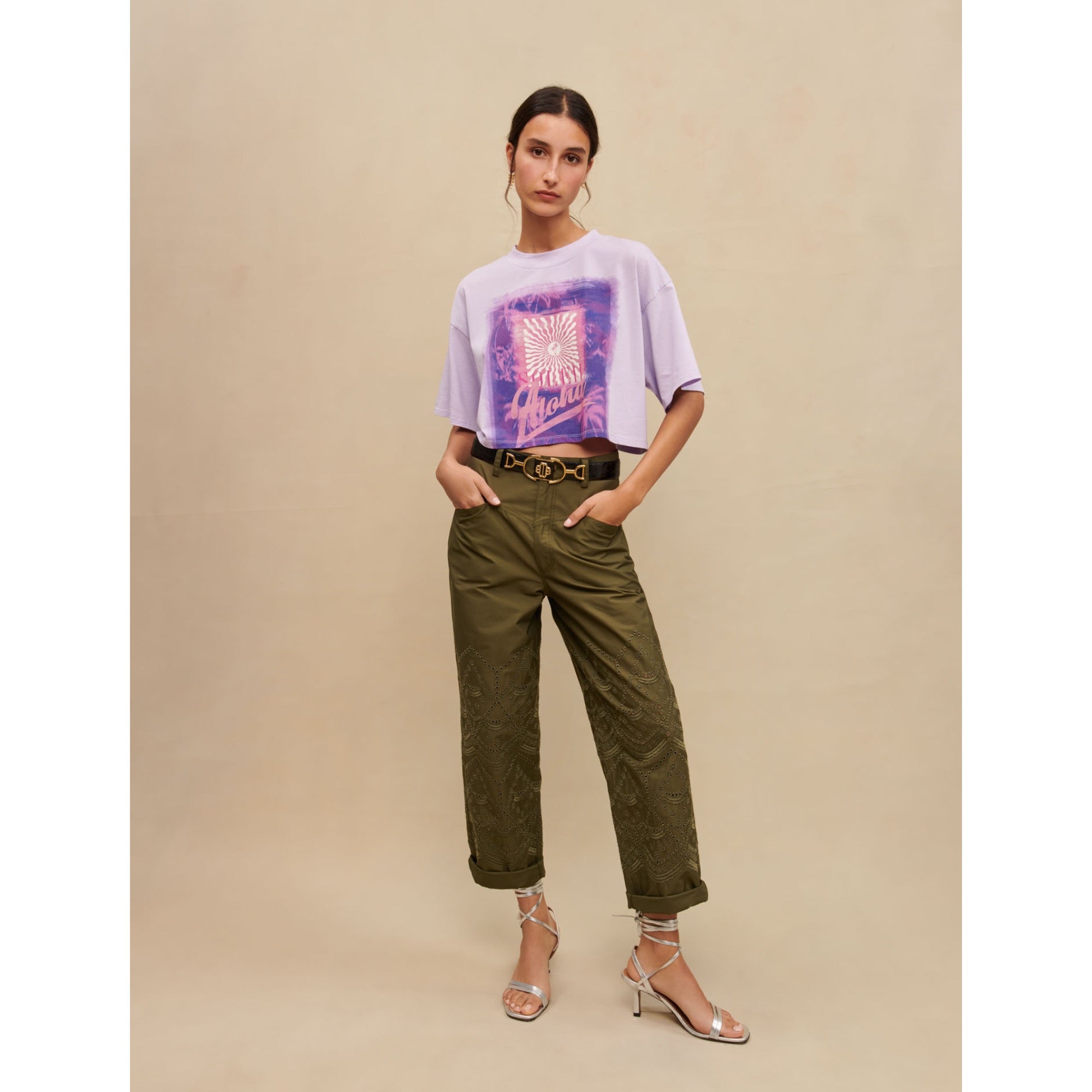 Women Palm-Tree Print Short T-Shirt - Parma Violet