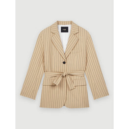 Women Belted Striped Jacket - Beige