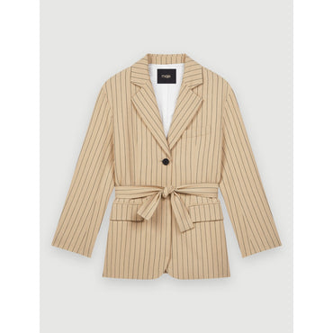 Women Belted Striped Jacket - Beige