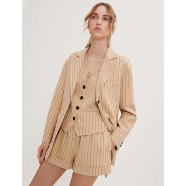 Women Belted Striped Jacket - Beige