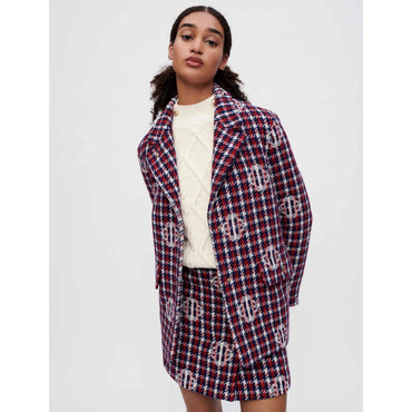 Women Clover Plaid Jacquard Jacket - Navy/Red