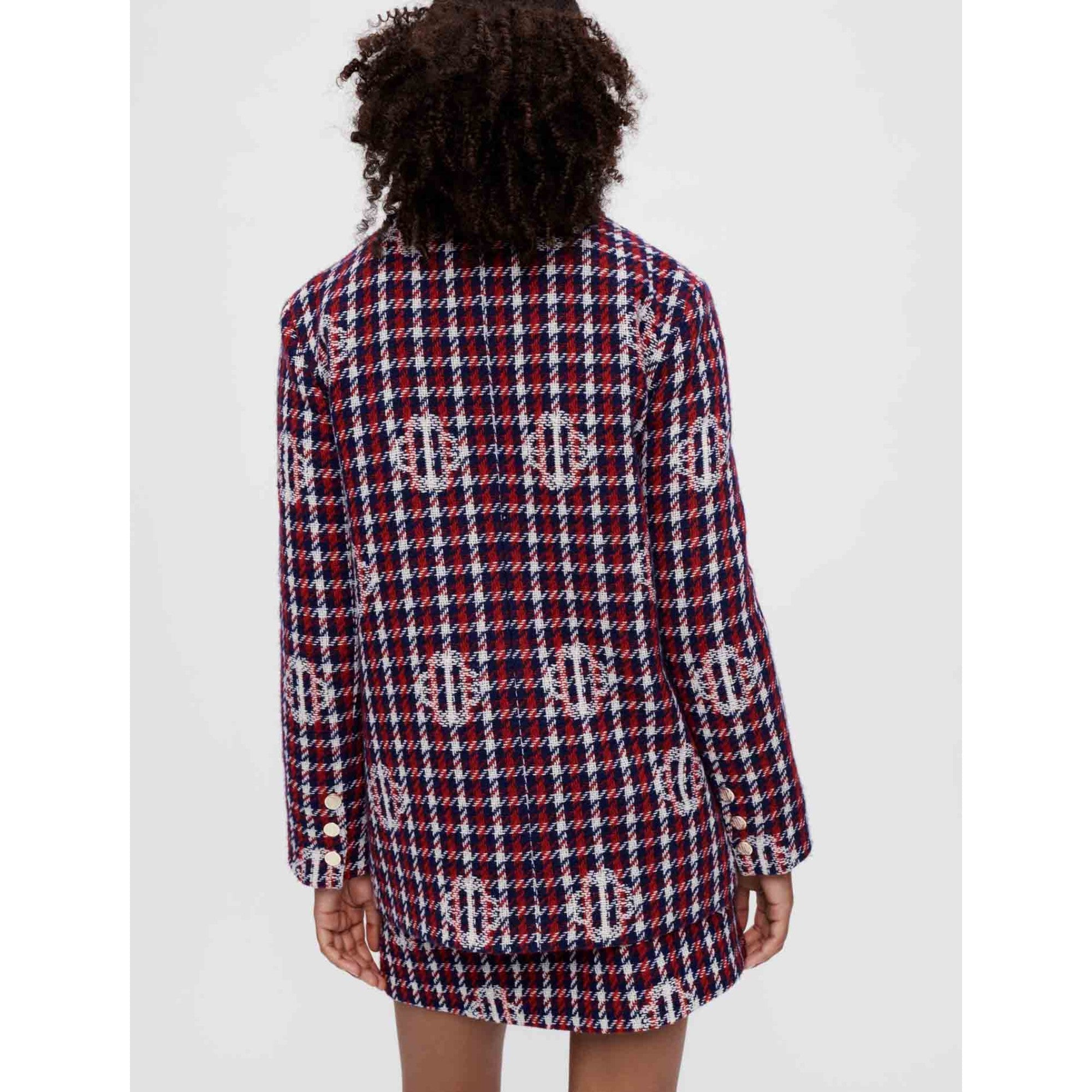 Women Clover Plaid Jacquard Jacket - Navy/Red